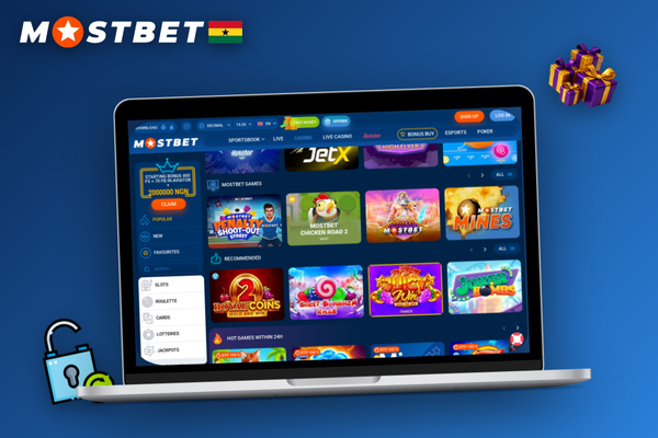 Mostbet online casino lobby on laptop showing category filters and live dealer row
