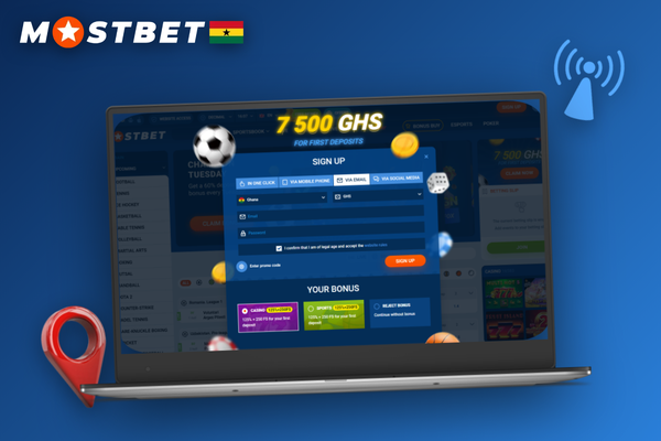 Mostbet register online via laptop and phone showing GHS currency dropdown